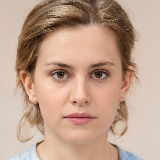 Neutral white young-adult female with medium  brown hair and grey eyes