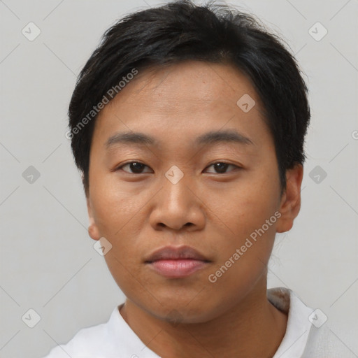 Neutral asian young-adult male with short  black hair and brown eyes