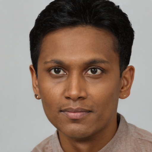 Neutral black young-adult male with short  black hair and brown eyes
