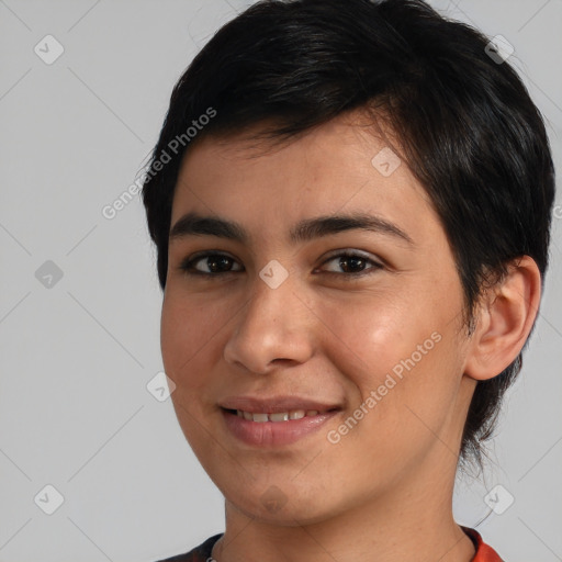 Joyful white young-adult female with short  brown hair and brown eyes