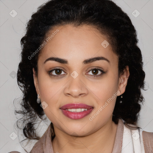 Joyful latino young-adult female with long  brown hair and brown eyes