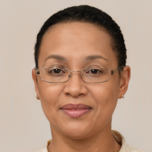 Joyful latino adult female with short  brown hair and brown eyes