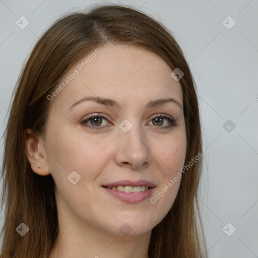 Joyful white young-adult female with long  brown hair and grey eyes