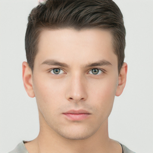 Neutral white young-adult male with short  brown hair and brown eyes