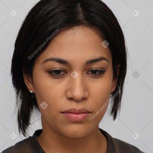 Joyful latino young-adult female with medium  black hair and brown eyes