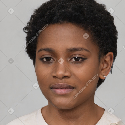 Neutral black young-adult female with short  black hair and brown eyes