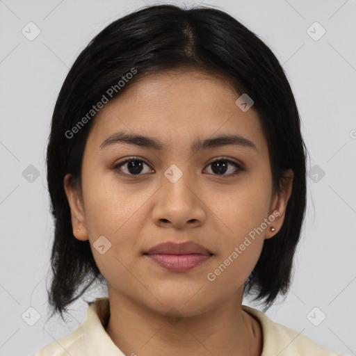 Joyful asian young-adult female with medium  black hair and brown eyes