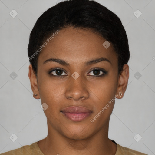 Joyful latino young-adult female with short  black hair and brown eyes