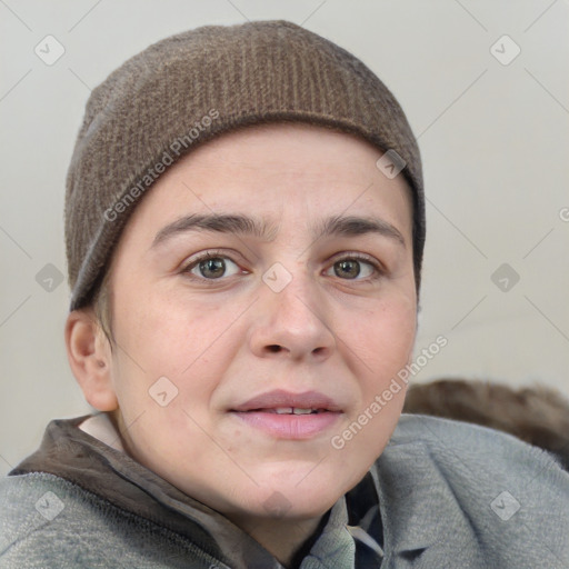 Neutral white young-adult female with short  brown hair and grey eyes
