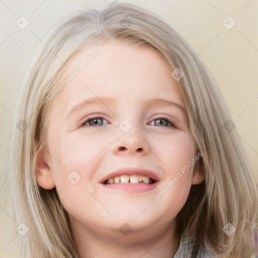 Joyful white child female with medium  brown hair and blue eyes