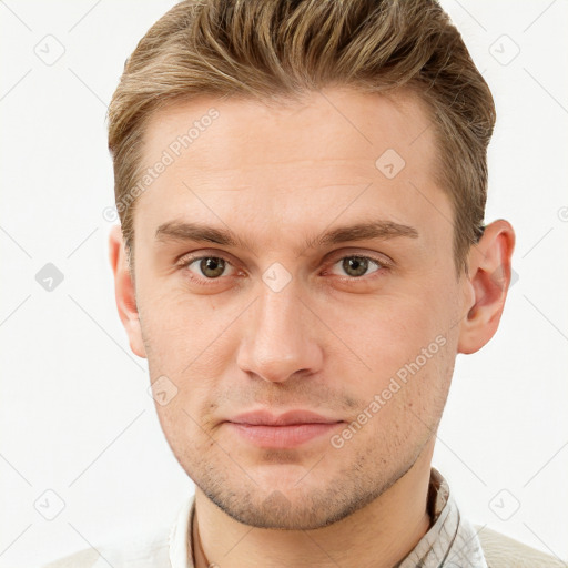 Neutral white young-adult male with short  brown hair and grey eyes