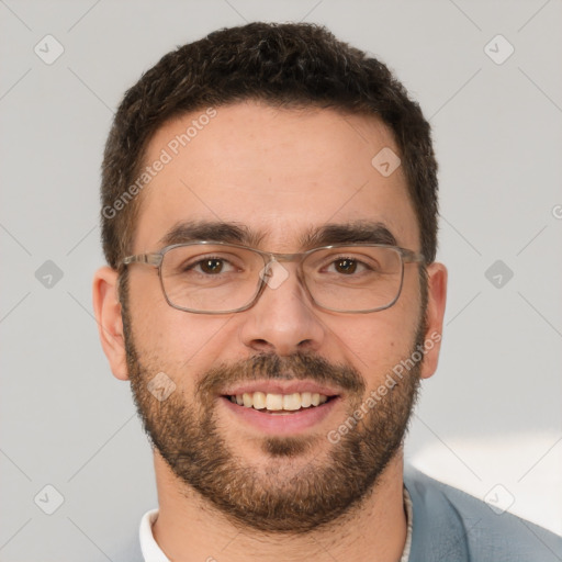 Joyful white young-adult male with short  brown hair and brown eyes