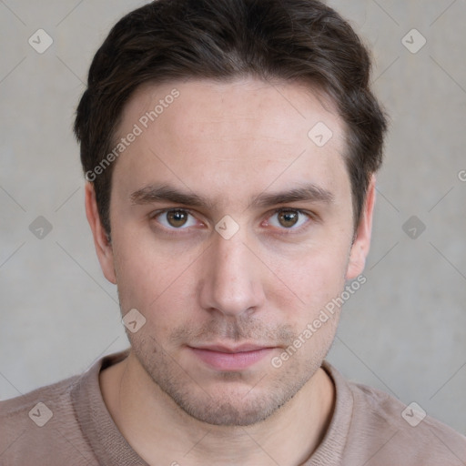 Neutral white young-adult male with short  brown hair and grey eyes