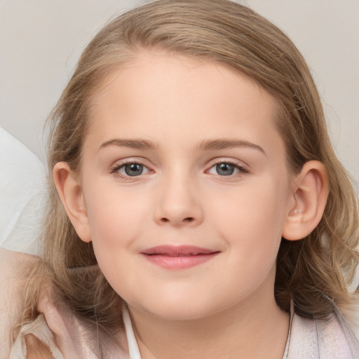 Joyful white child female with medium  brown hair and grey eyes