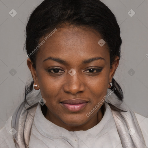 Joyful black young-adult female with medium  black hair and brown eyes