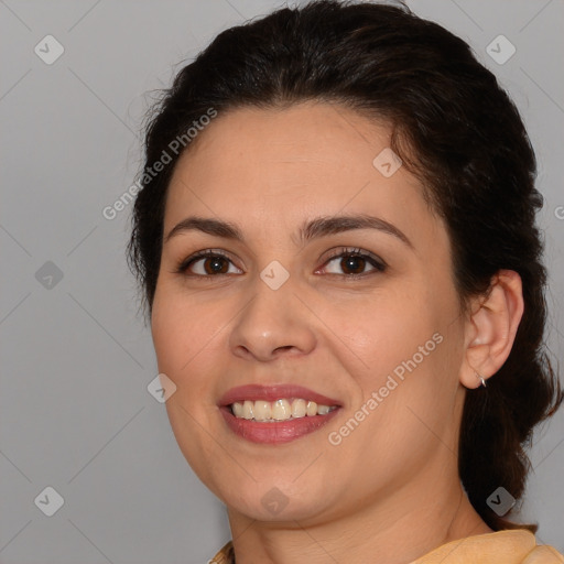 Joyful white young-adult female with medium  brown hair and brown eyes