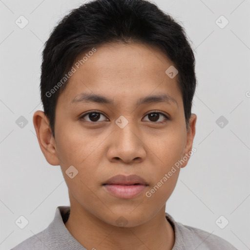 Neutral asian young-adult female with short  brown hair and brown eyes