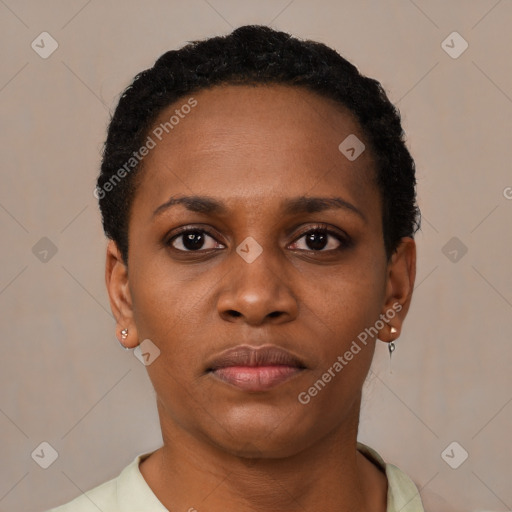 Neutral black young-adult female with short  black hair and brown eyes