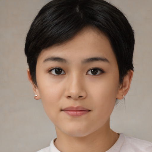 Neutral asian young-adult female with short  black hair and brown eyes