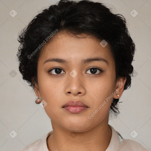 Neutral latino young-adult female with short  brown hair and brown eyes