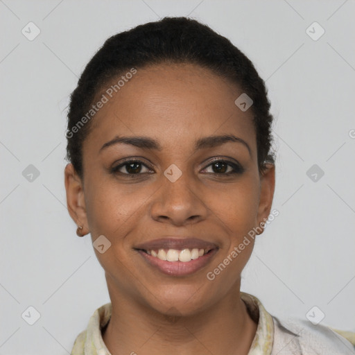 Joyful latino young-adult female with short  brown hair and brown eyes