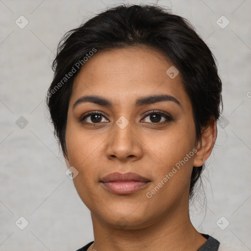 Joyful asian young-adult female with medium  black hair and brown eyes