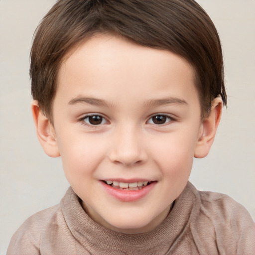 Joyful white child female with short  brown hair and brown eyes