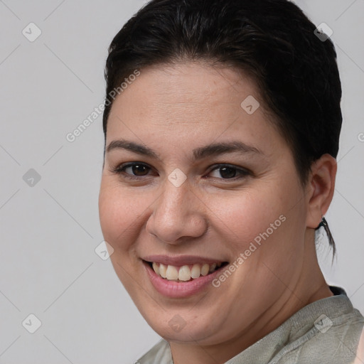 Joyful white young-adult female with short  brown hair and brown eyes