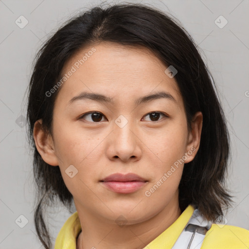 Neutral asian young-adult female with medium  brown hair and brown eyes