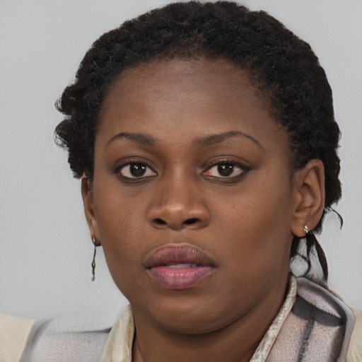 Neutral black young-adult female with short  brown hair and brown eyes