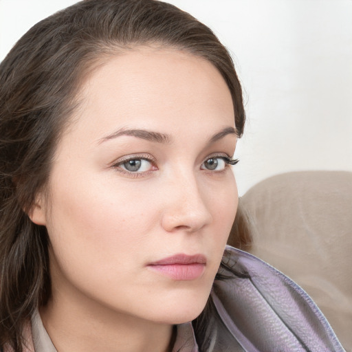 Neutral white young-adult female with medium  brown hair and grey eyes