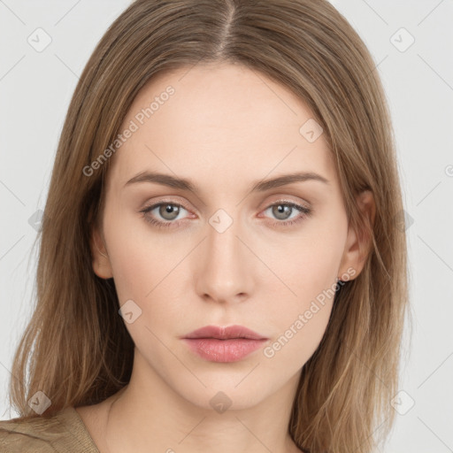 Neutral white young-adult female with long  brown hair and grey eyes