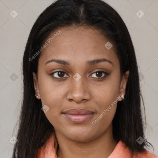 Joyful latino young-adult female with long  brown hair and brown eyes