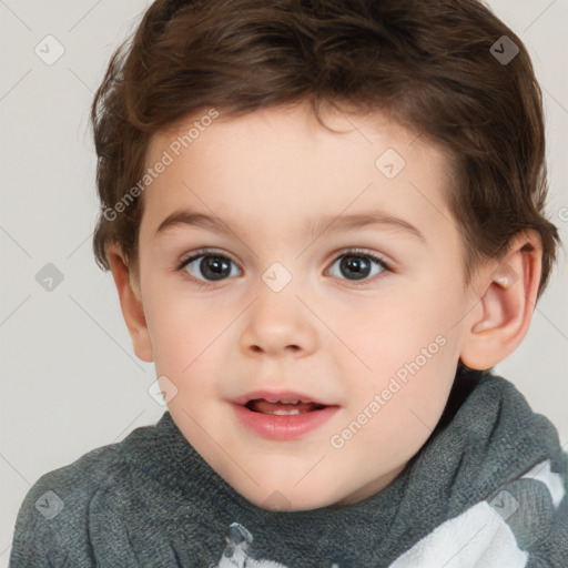 Joyful white child male with short  brown hair and brown eyes