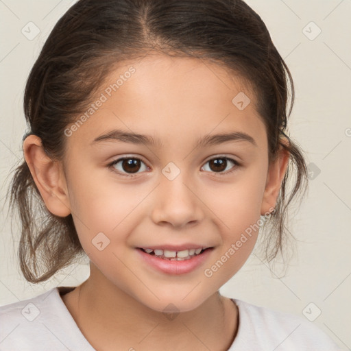 Joyful white child female with medium  brown hair and brown eyes