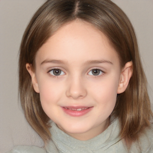 Joyful white child female with medium  brown hair and brown eyes