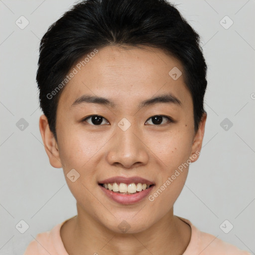 Joyful asian young-adult female with short  brown hair and brown eyes