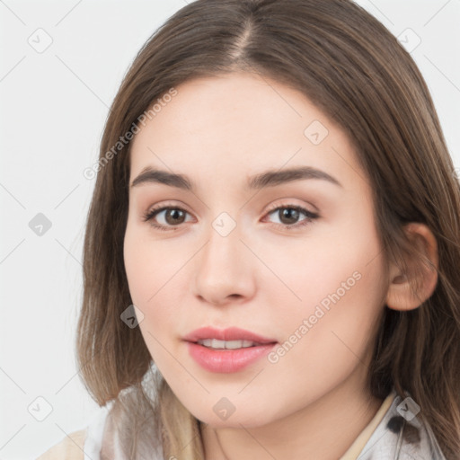 Neutral white young-adult female with medium  brown hair and brown eyes