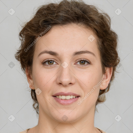 Joyful white young-adult female with medium  brown hair and green eyes