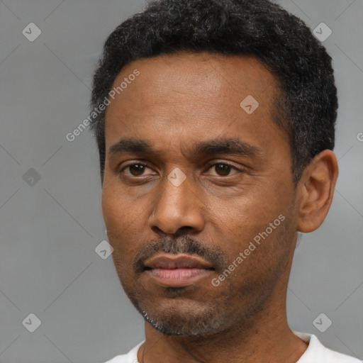 Neutral black young-adult male with short  black hair and brown eyes