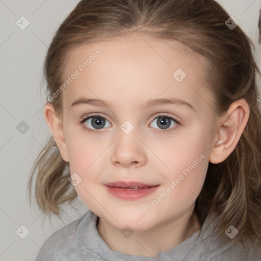 Joyful white child female with medium  brown hair and grey eyes