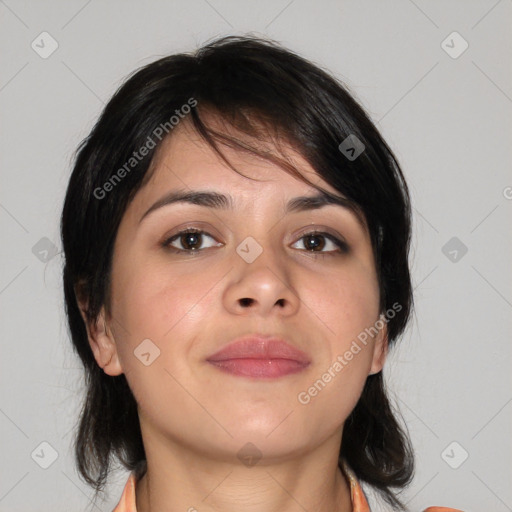 Neutral asian young-adult female with medium  brown hair and brown eyes