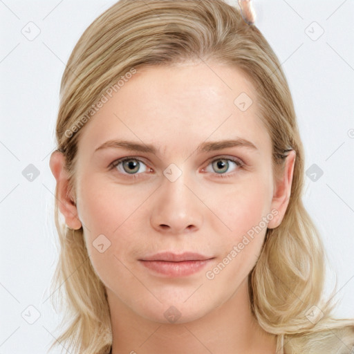 Joyful white young-adult female with medium  brown hair and blue eyes