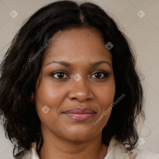 Joyful black young-adult female with medium  brown hair and brown eyes