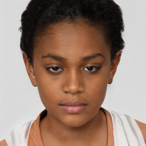 Neutral black young-adult female with short  brown hair and brown eyes