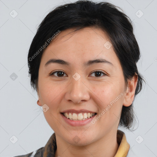 Joyful white young-adult female with medium  brown hair and brown eyes