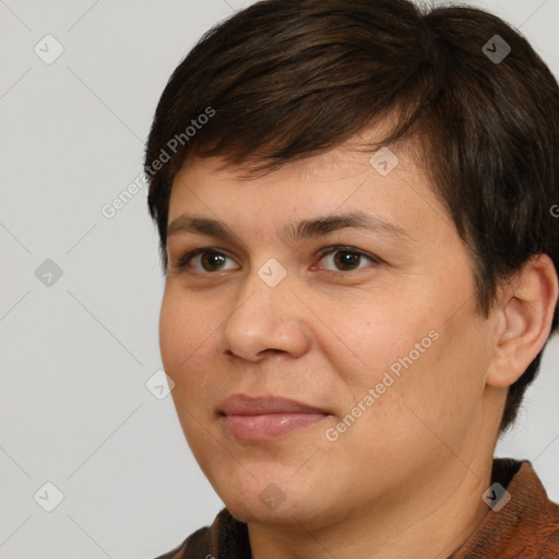 Joyful white young-adult female with short  brown hair and brown eyes