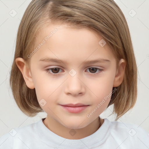 Joyful white child female with medium  brown hair and brown eyes