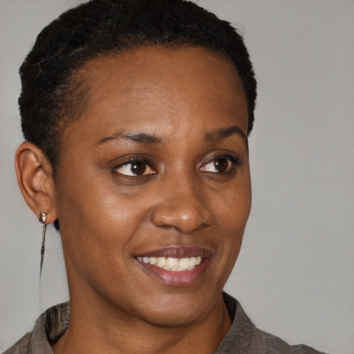 Joyful black young-adult female with short  brown hair and brown eyes