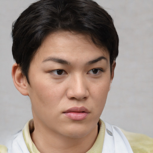 Neutral asian young-adult female with short  brown hair and brown eyes